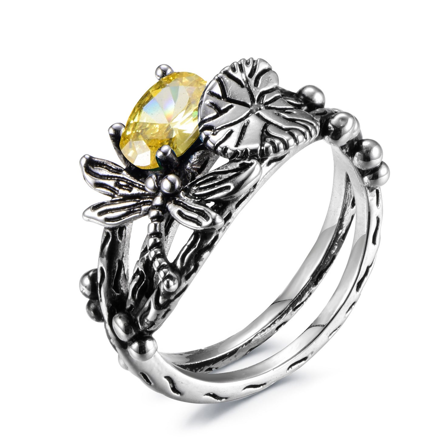 Dragonfly Lotus Vintage Thai Silver Inlaid Topaz Ring