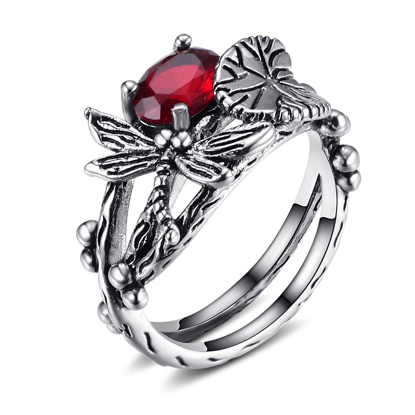 Dragonfly Lotus Vintage Thai Silver Inlaid Topaz Ring