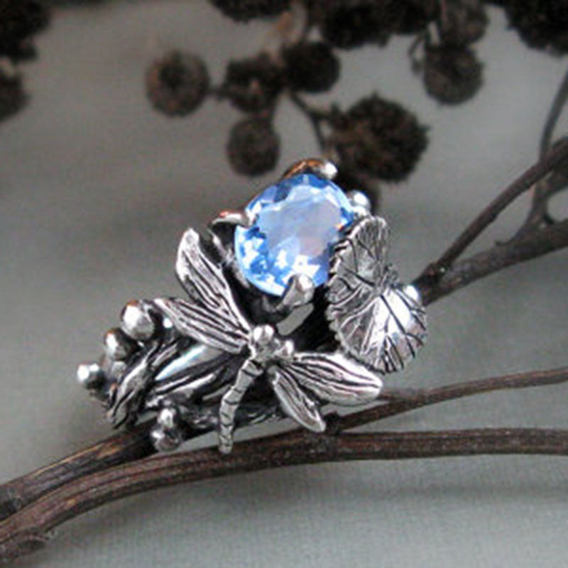 Dragonfly Lotus Vintage Thai Silver Inlaid Topaz Ring