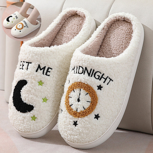 Moon And Clock Print Slipper Winter Warm Home Shoes Cute Bedroom Slippers