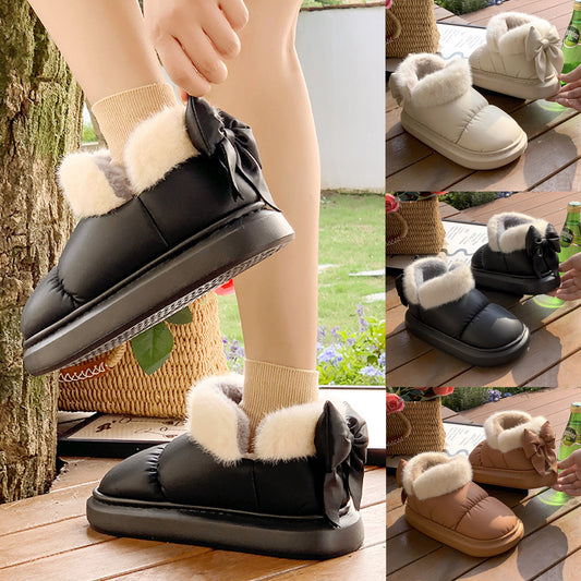 Winter Women Cute Warm Ankle Boots Outdoor Non-slip Thick Sole Snow Boots Furry Bow Cotton Shoes Men Pu Waterproof Plush Boots