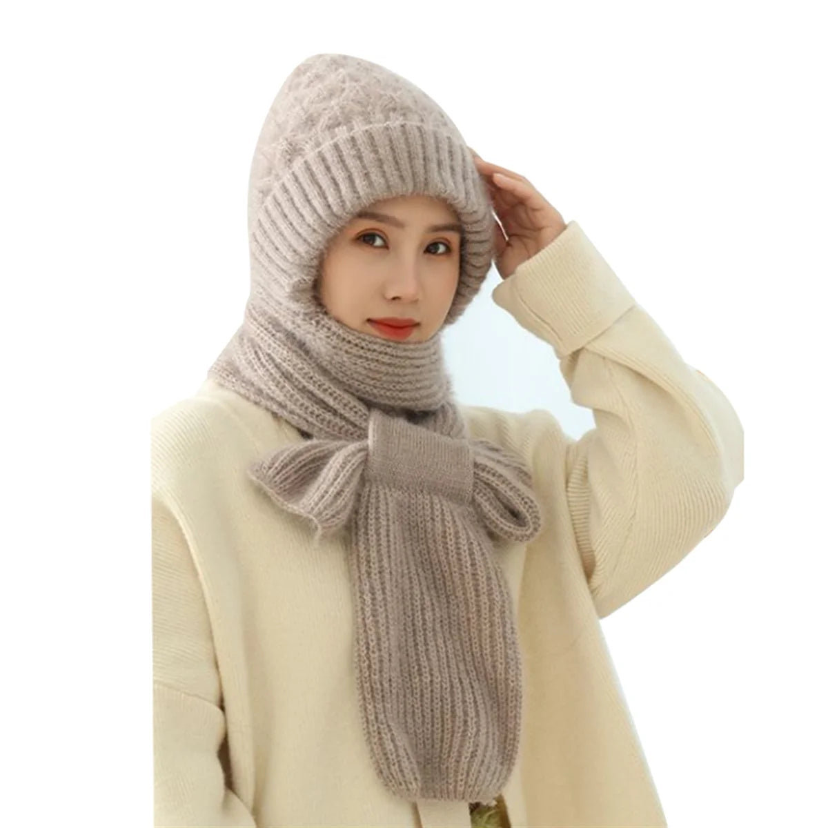 Women'S Plush-Lined Acrylic Balaclavas Hood Scarf Hat Windproof Integrated Ear Protector Fashionable Winter