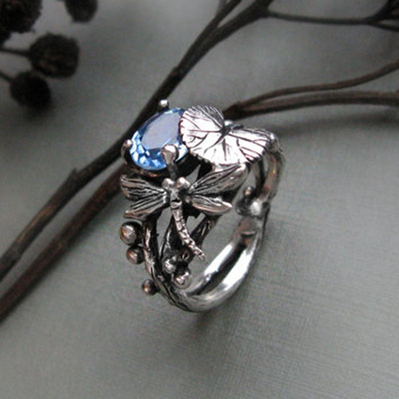 Dragonfly Lotus Vintage Thai Silver Inlaid Topaz Ring