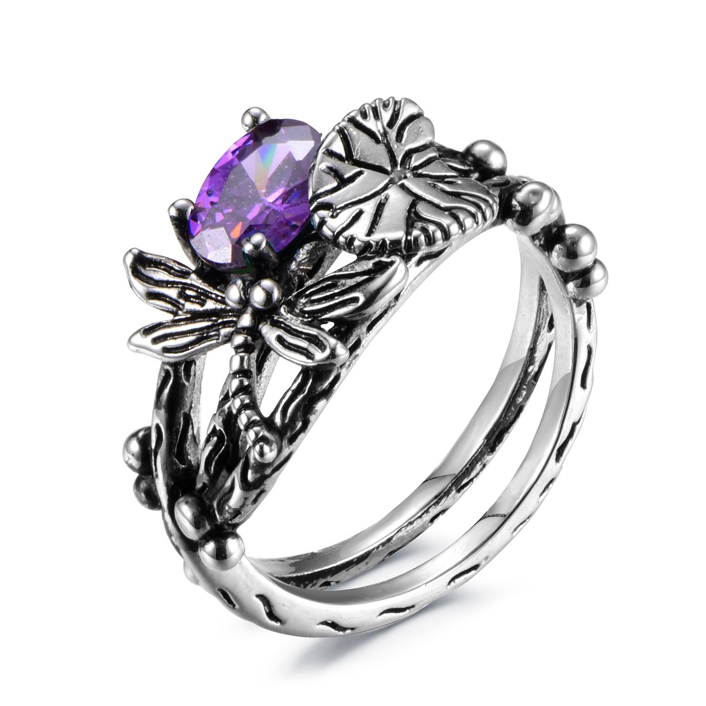 Dragonfly Lotus Vintage Thai Silver Inlaid Topaz Ring