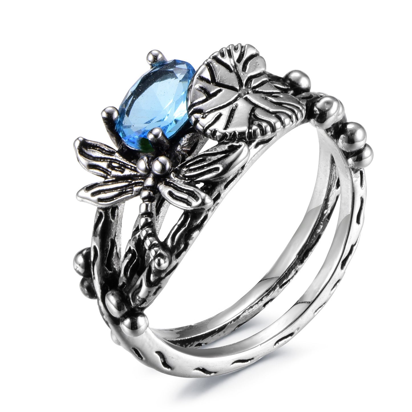 Dragonfly Lotus Vintage Thai Silver Inlaid Topaz Ring