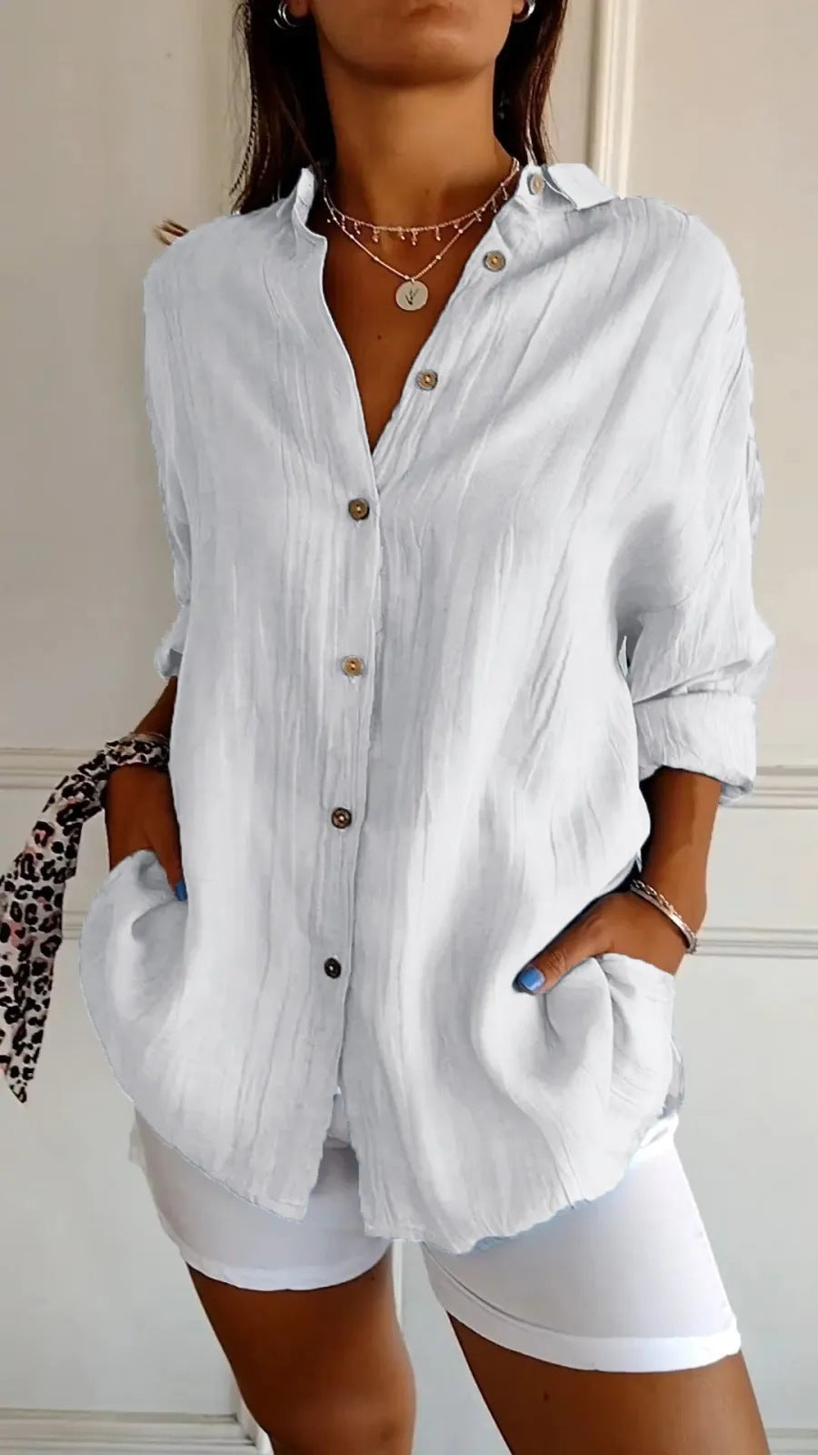 Lapel Long Sleeve Shirt Women's Single-breasted Pleated Shirt